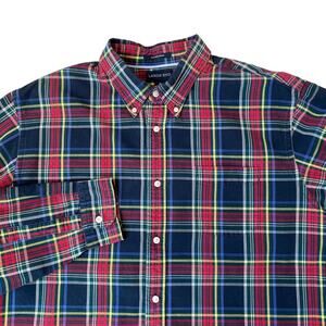 Lands' End Sail Rigger Oxford Shirt Men XL Navy Red Plaid Button Up Long Sleeve